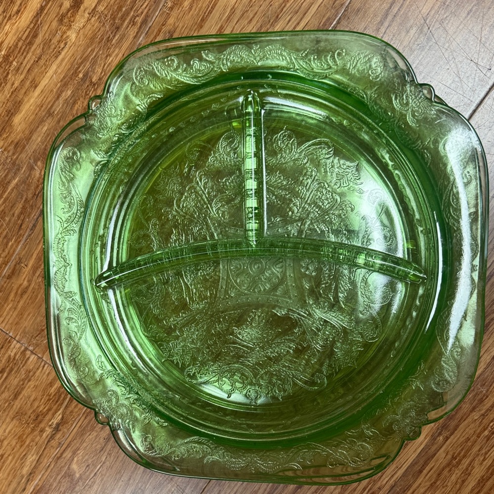 3 Vintage Depression Era Green Glass Divided Plates